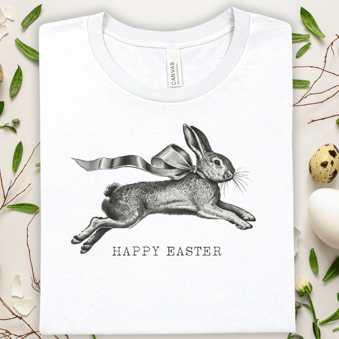 Easter Bunny Tee — Vintage Leaping Rabbit "Happy Easter" T-Shirt