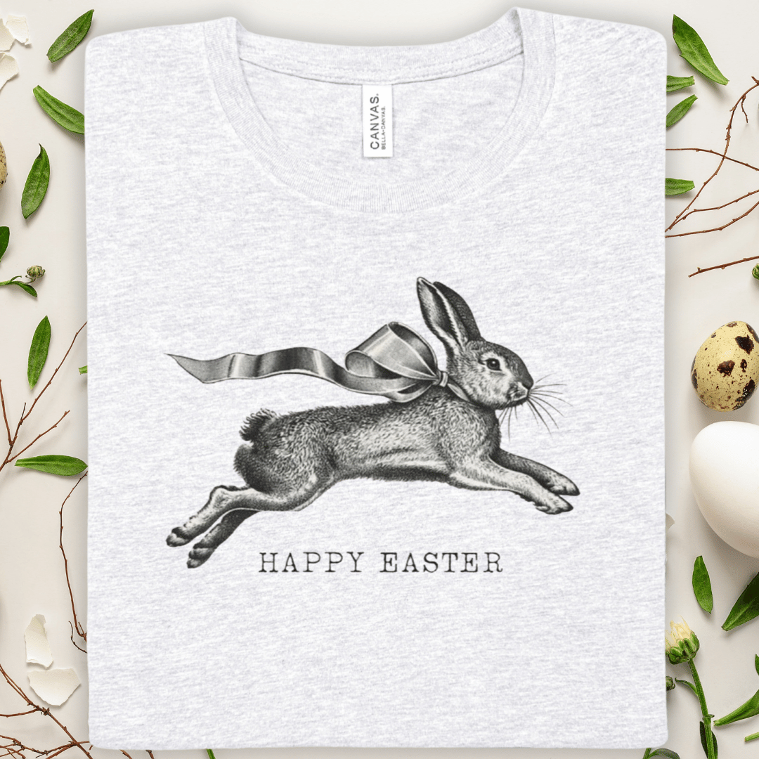 Easter Bunny Tee — Vintage Leaping Rabbit "Happy Easter" T-Shirt