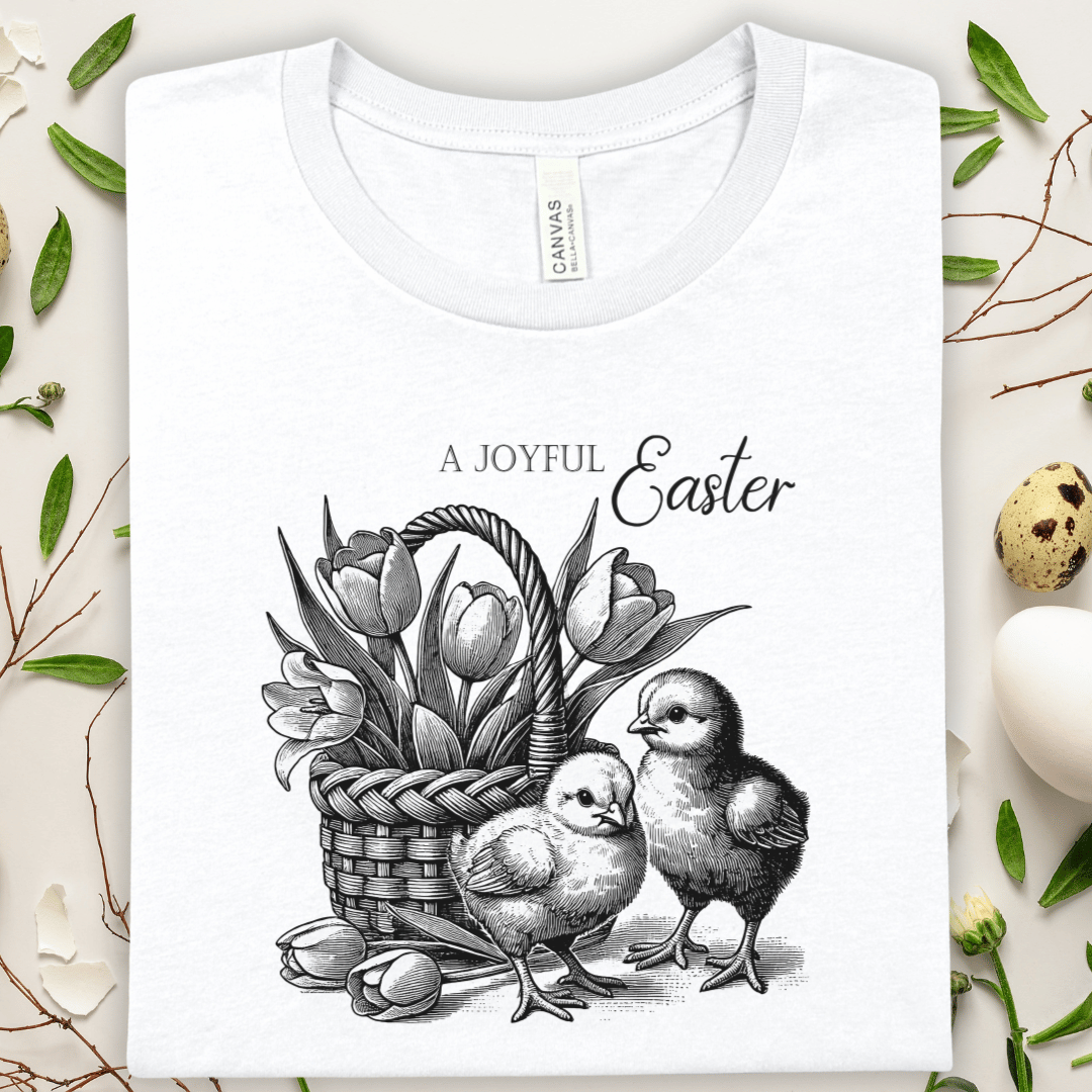 Easter Chicks & Tulips Tee — 'A Joyful Easter' Vintage Basket Graphic