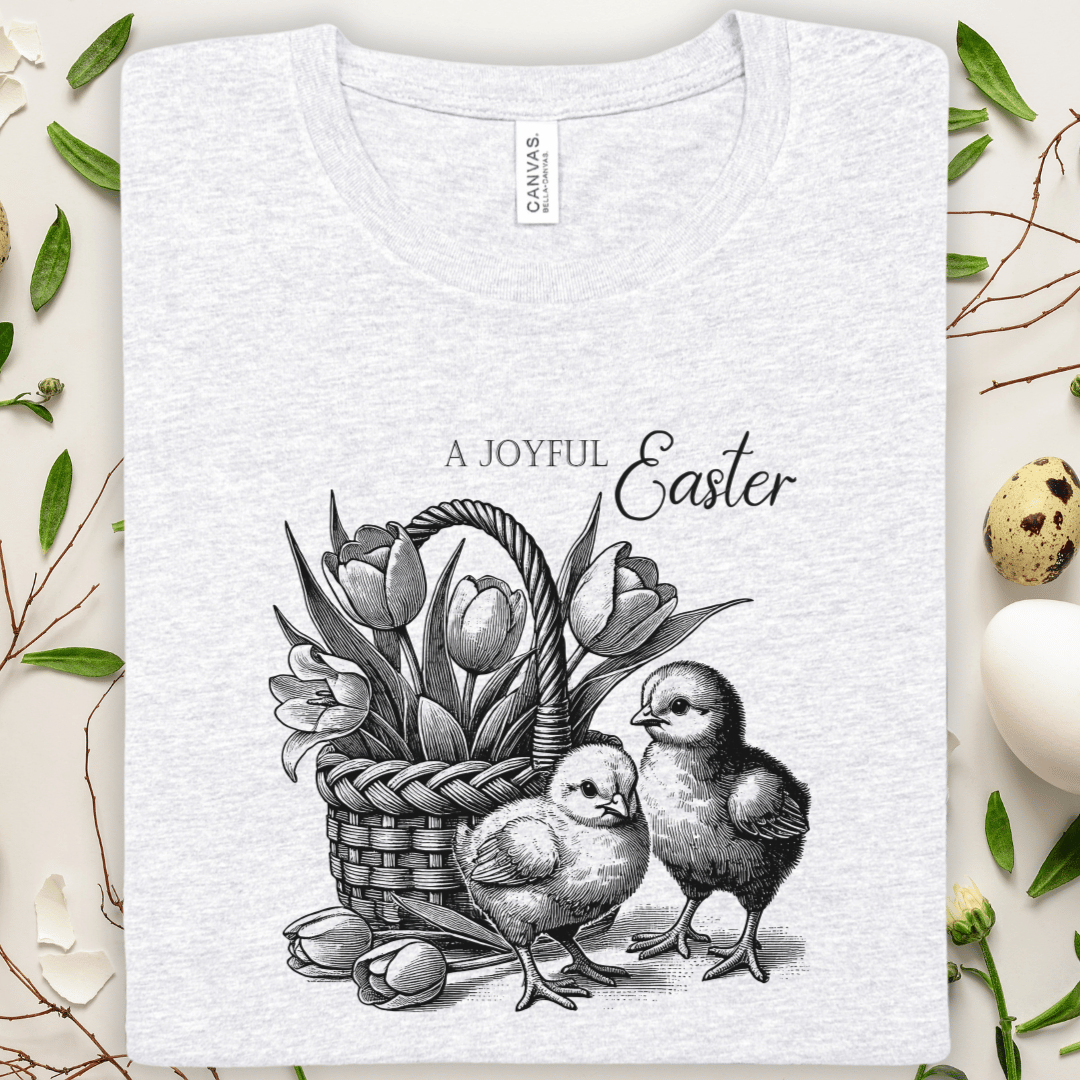 Easter Chicks & Tulips Tee — 'A Joyful Easter' Vintage Basket Graphic