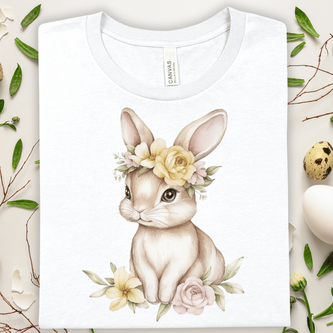 Bunny Floral Tee — Cute Easter Rabbit T-Shirt with Flower Crown