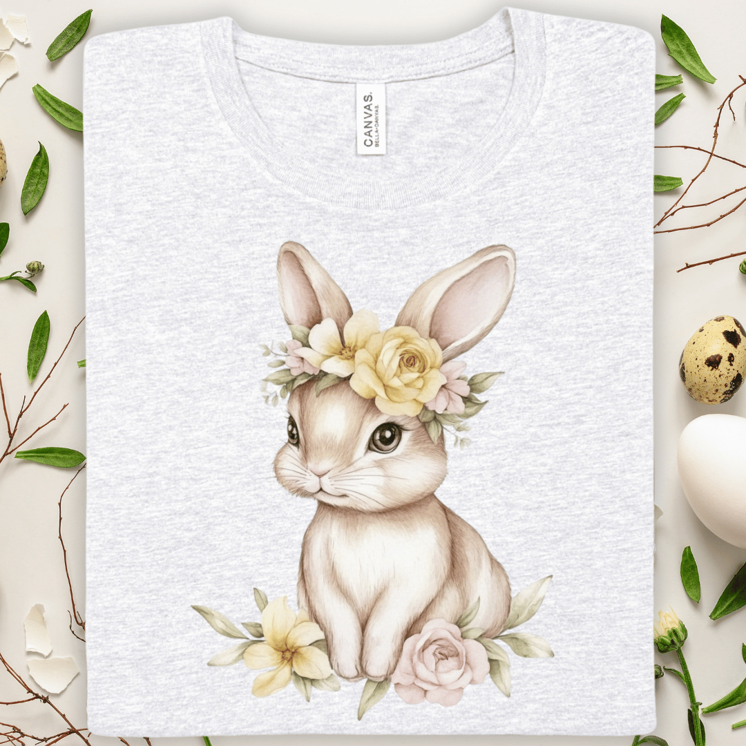 Bunny Floral Tee — Cute Easter Rabbit T-Shirt with Flower Crown