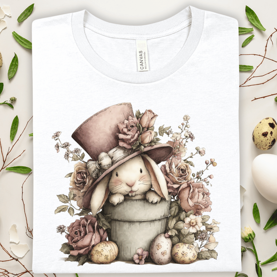 Easter Bunny in Top Hat T-Shirt — Vintage Floral Spring Bunny Tee