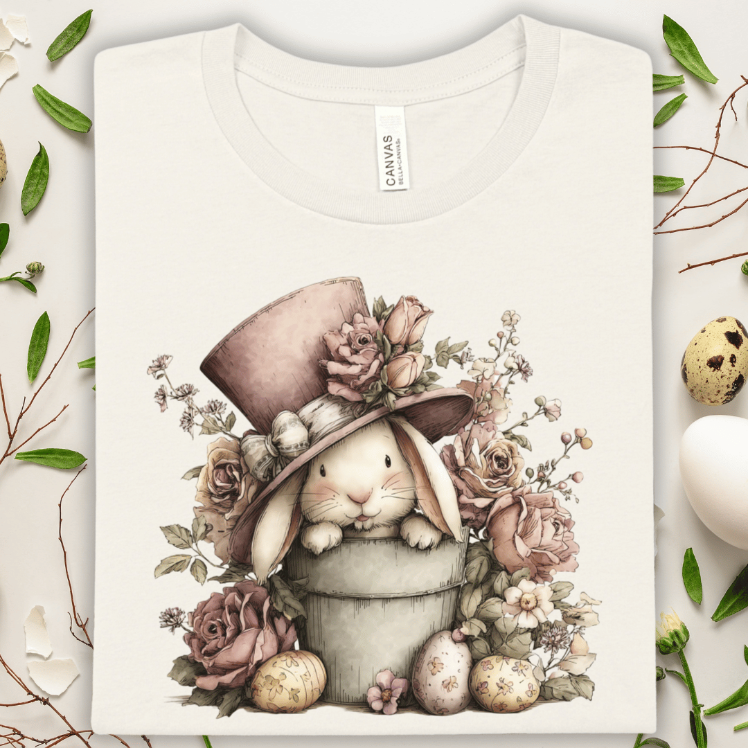 Easter Bunny in Top Hat T-Shirt — Vintage Floral Spring Bunny Tee