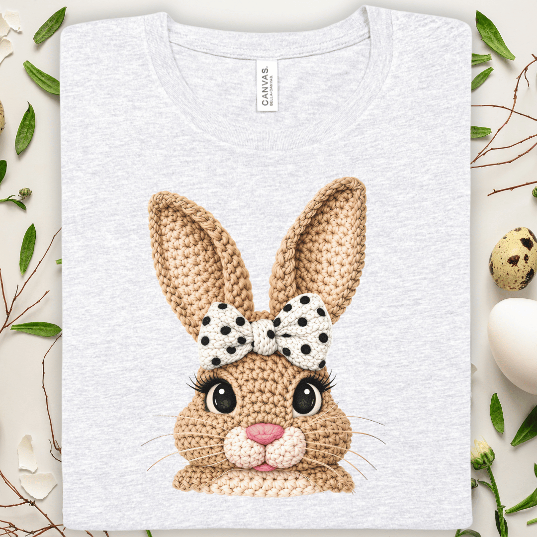 Cute Faux Crochet Bunny Face Tee — Polka Dot Bow Easter T-Shirt