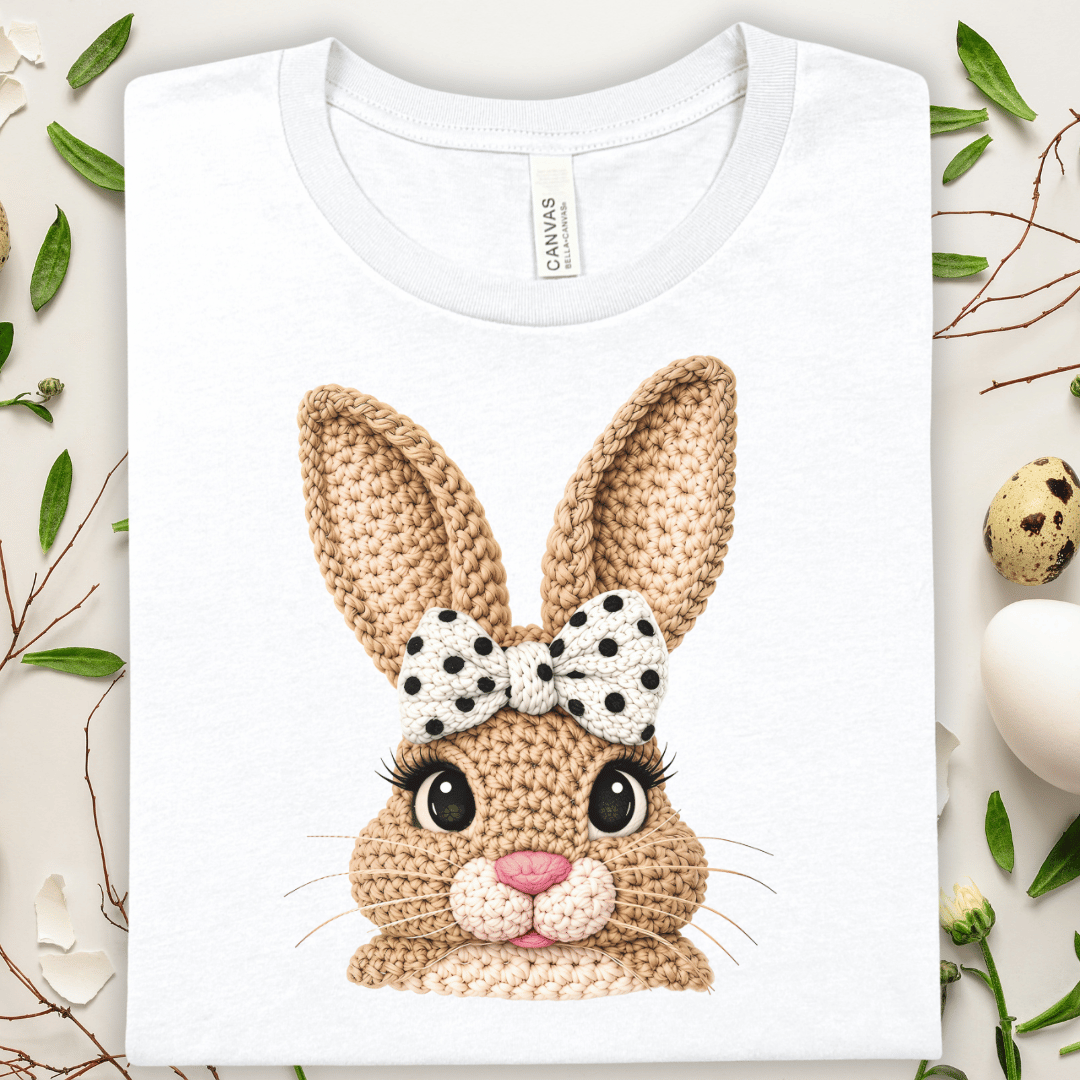 Cute Faux Crochet Bunny Face Tee — Polka Dot Bow Easter T-Shirt