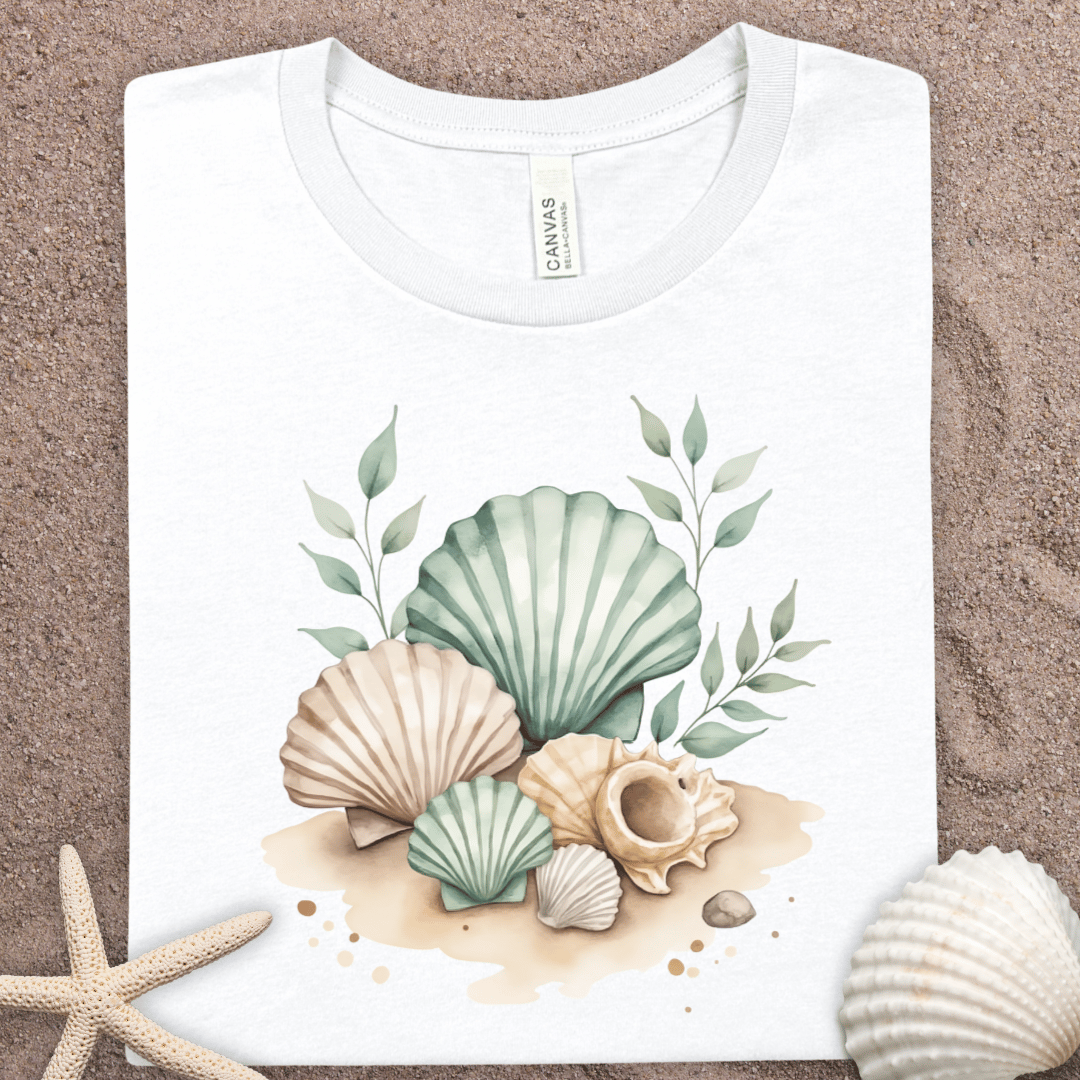 Seaside Shells T-Shirt — Watercolor Beach Shells Graphic Tee