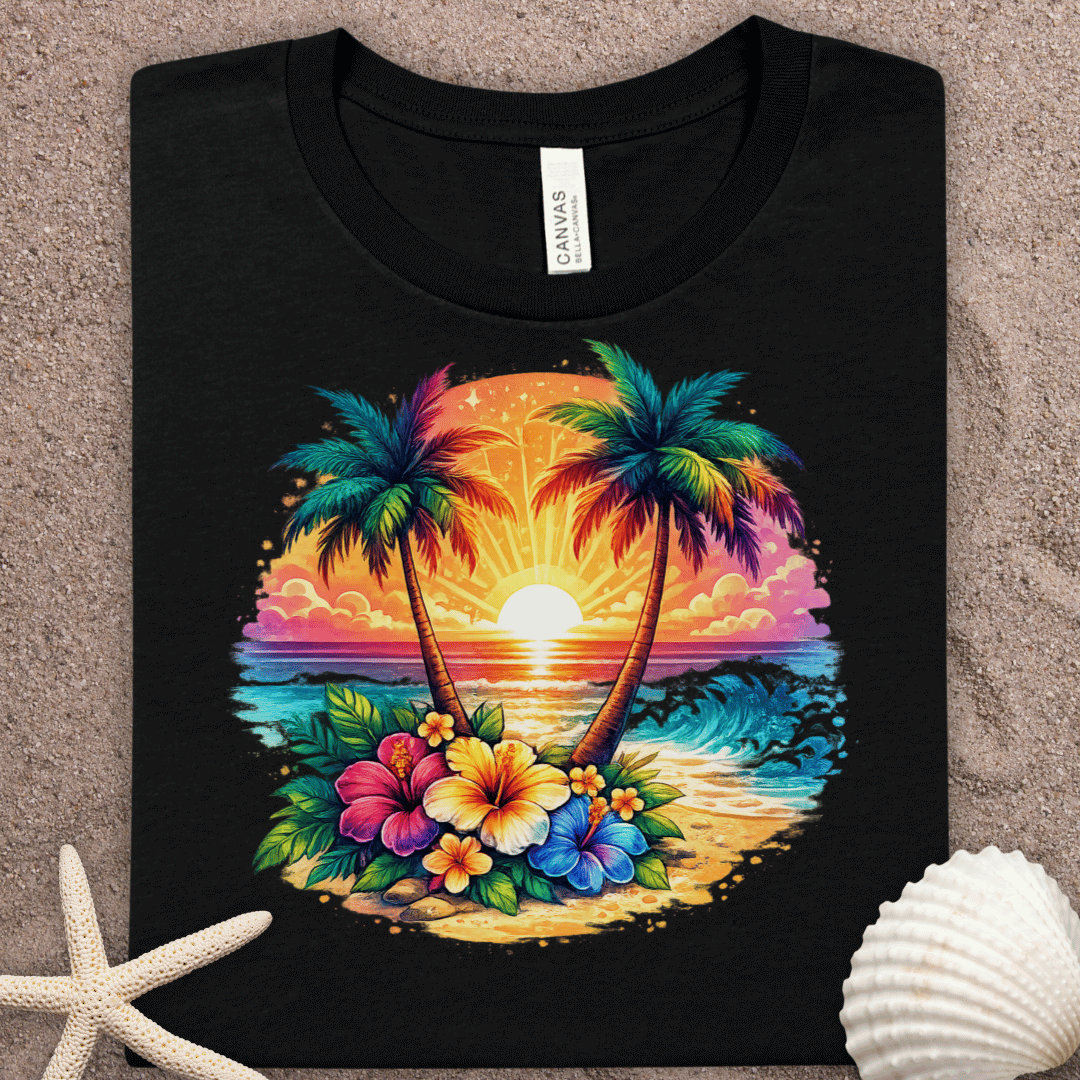Tropical Sunset Palm T-Shirt – Hawaiian Beach Floral Graphic Tee