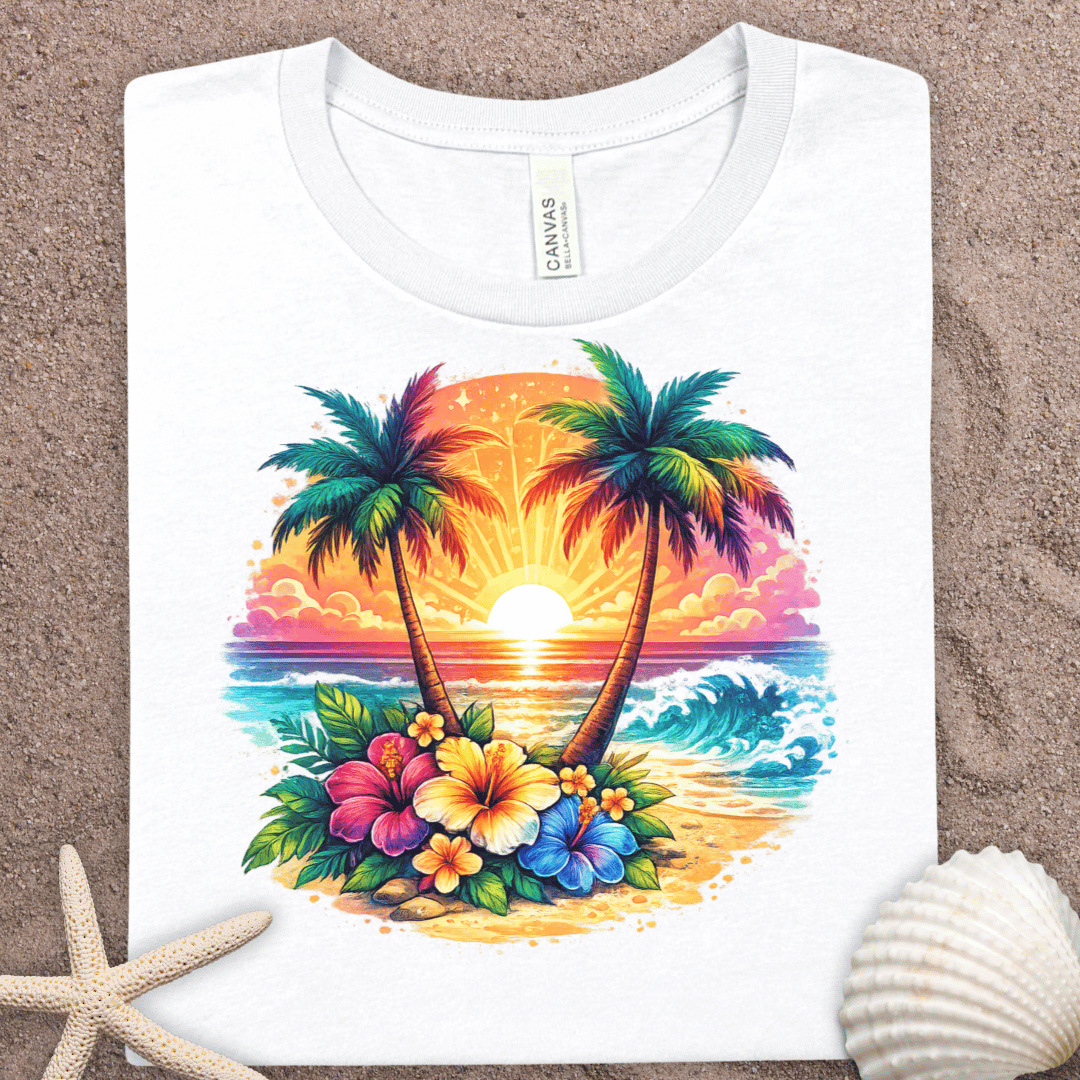 Tropical Sunset Palm T-Shirt – Hawaiian Beach Floral Graphic Tee