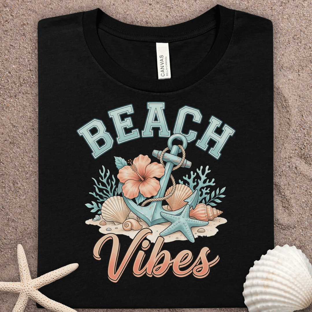 Beach Vibes T-Shirt — Anchor, Seashells & Tropical Flower Coastal Tee
