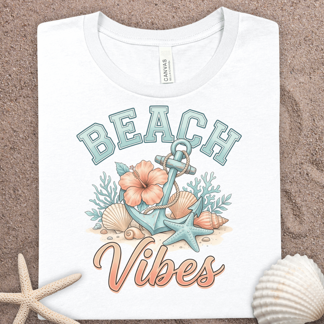 Beach Vibes T-Shirt — Anchor, Seashells & Tropical Flower Coastal Tee