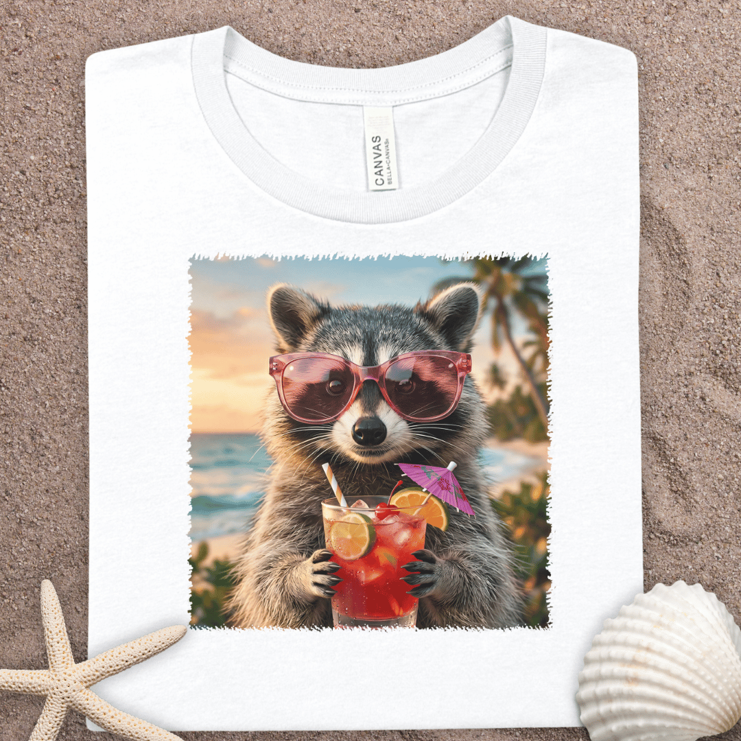 Raccoon Sunset Beach Tee – Funny Summer T-Shirt