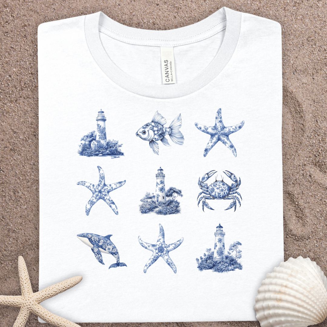 Nautical Sea Life Tee — Blue Lighthouse, Starfish & Crab Graphic Shirt