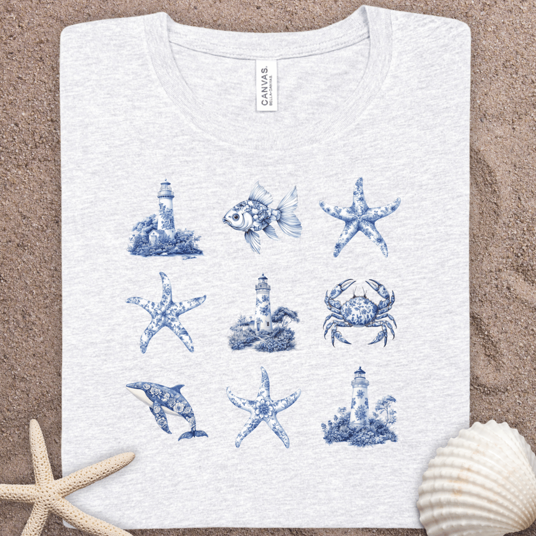Nautical Sea Life Tee — Blue Lighthouse, Starfish & Crab Graphic Shirt