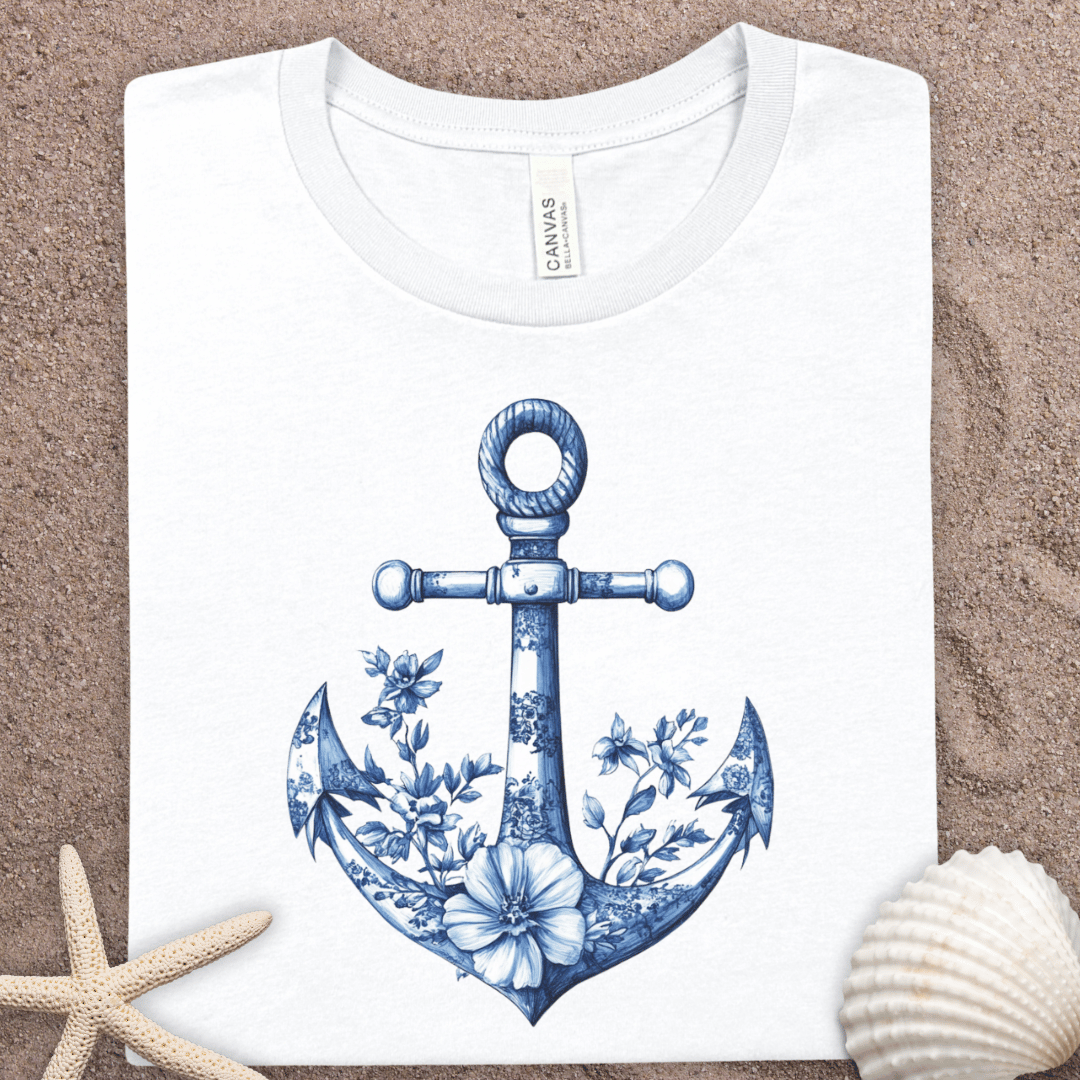 Nautical Floral Anchor T-Shirt — Blue Vintage Anchor Graphic Tee