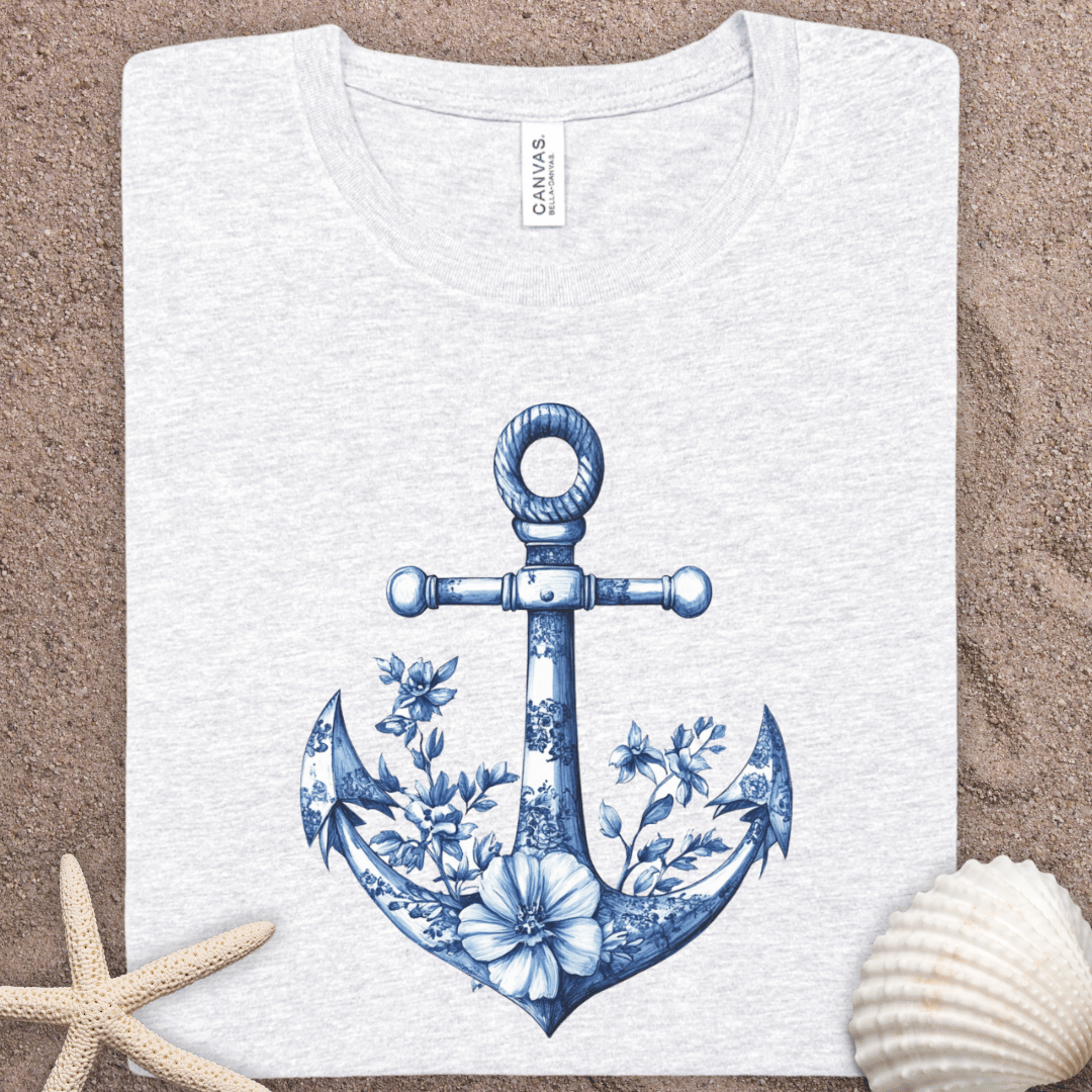 Nautical Floral Anchor T-Shirt — Blue Vintage Anchor Graphic Tee