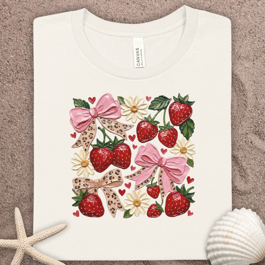 Strawberry Bow Tee — Cute Floral Strawberry Graphic T-Shirt