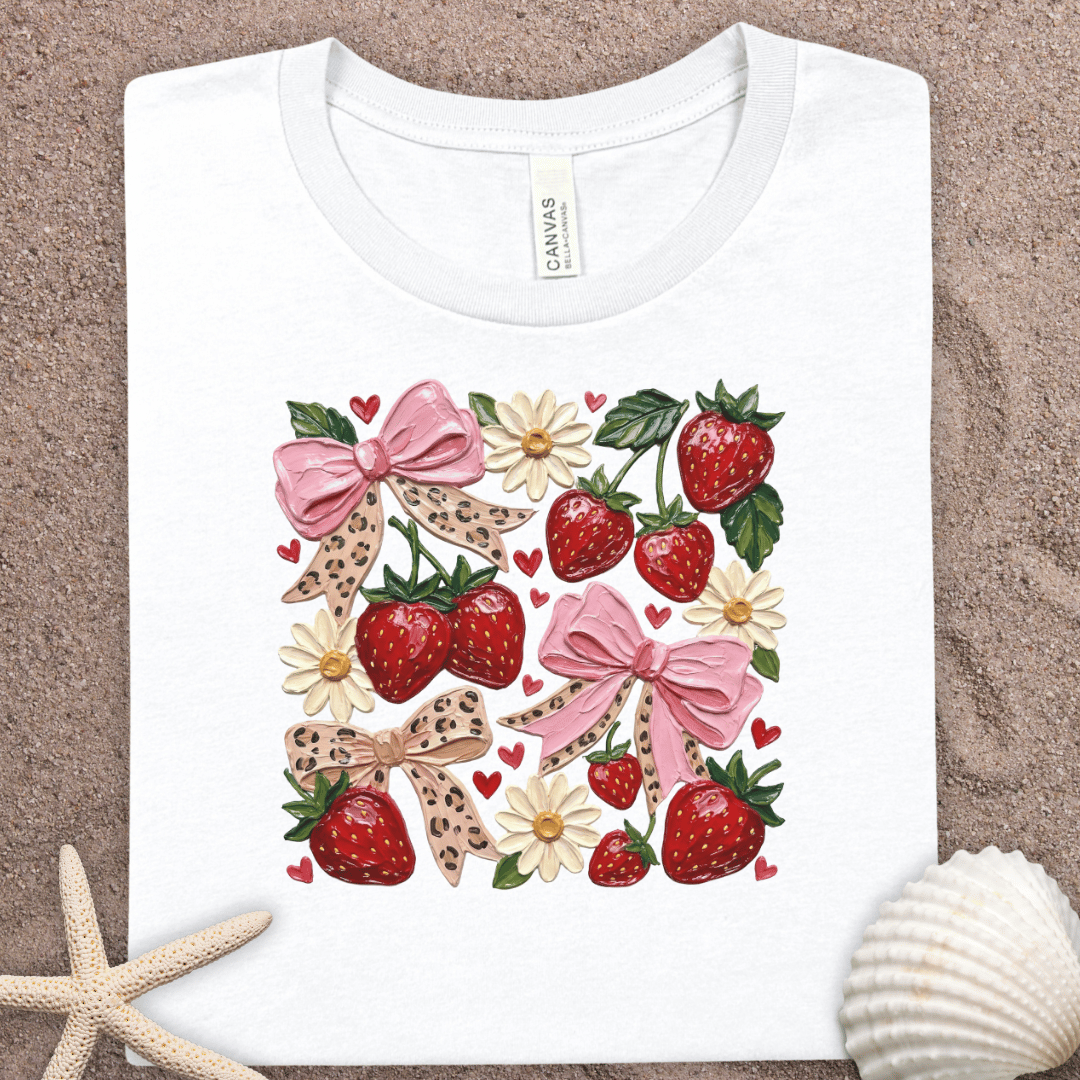 Strawberry Bow Tee — Cute Floral Strawberry Graphic T-Shirt