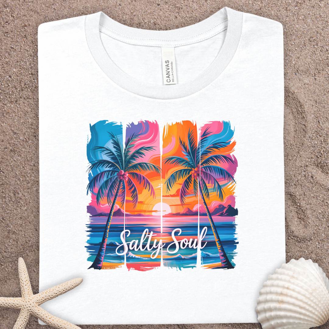 Salty Soul Tropical Sunset Tee — Palm Tree Beach Vacation T-Shirt