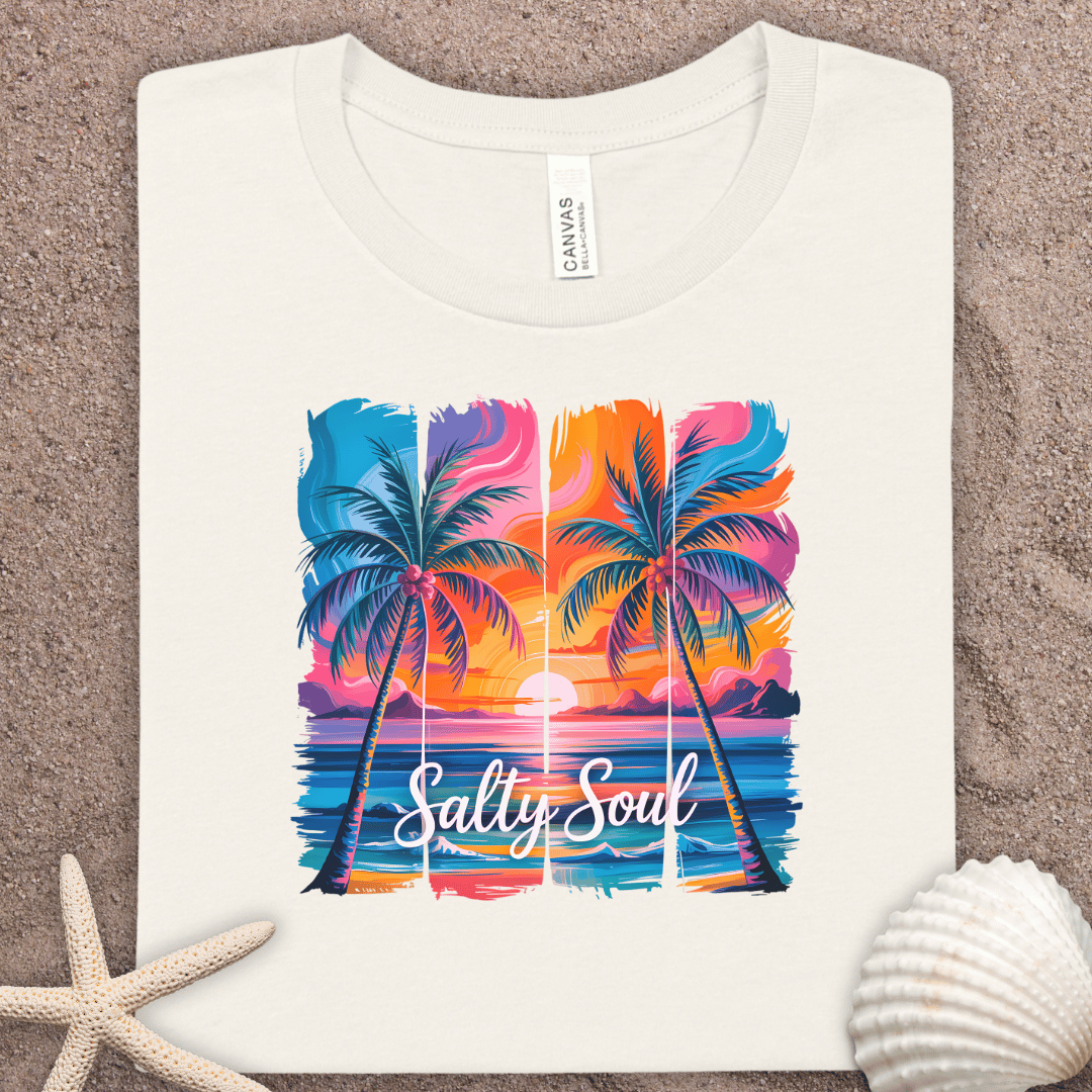 Salty Soul Tropical Sunset Tee — Palm Tree Beach Vacation T-Shirt