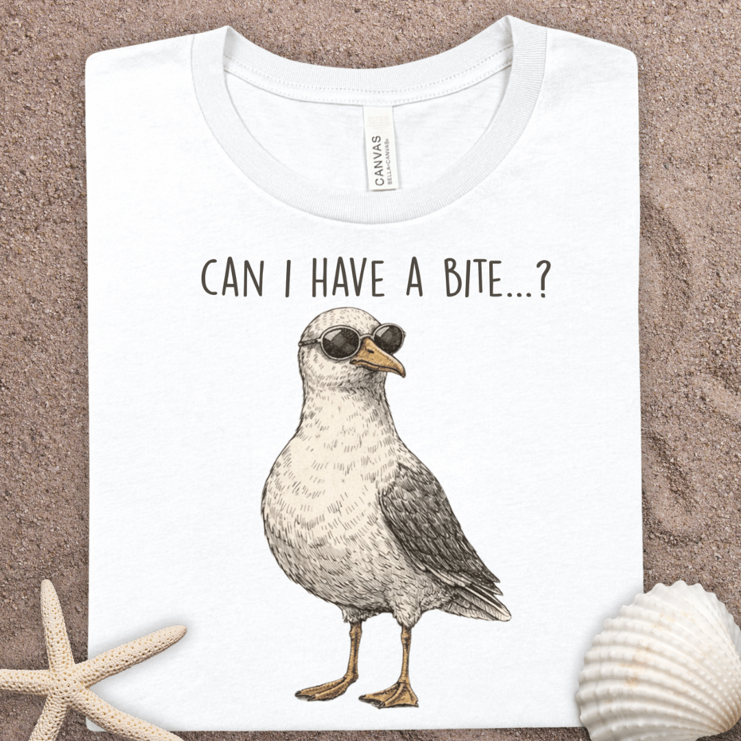 Seagull 'Can I Have a Bite?' Tee – Cute Coastal Summer Bird Graphic T‑Shirt