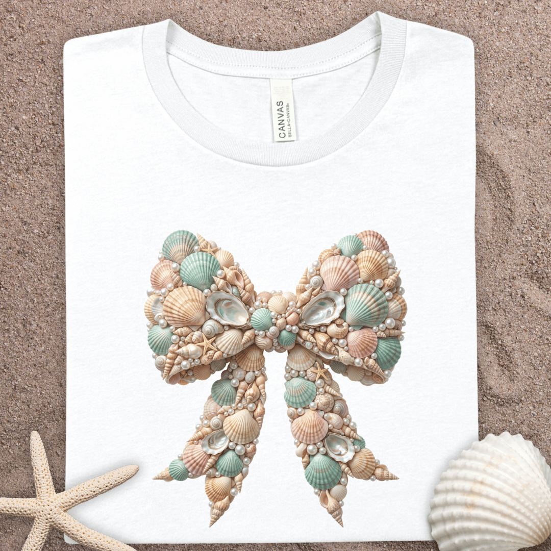 Seashell Bow T‑Shirt — Coastal Beach Shell Graphic Tee