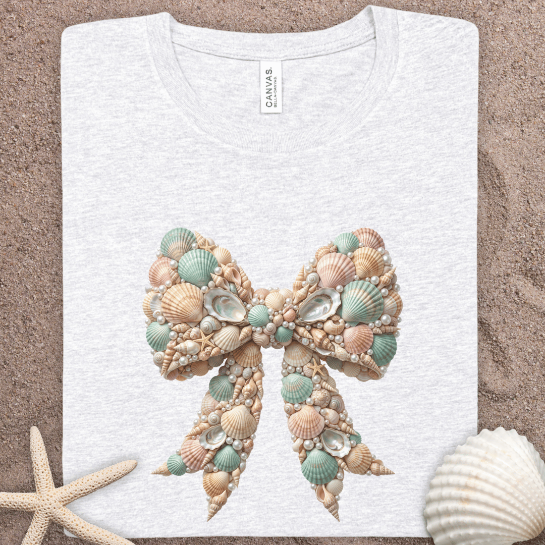 Seashell Bow T‑Shirt — Coastal Beach Shell Graphic Tee