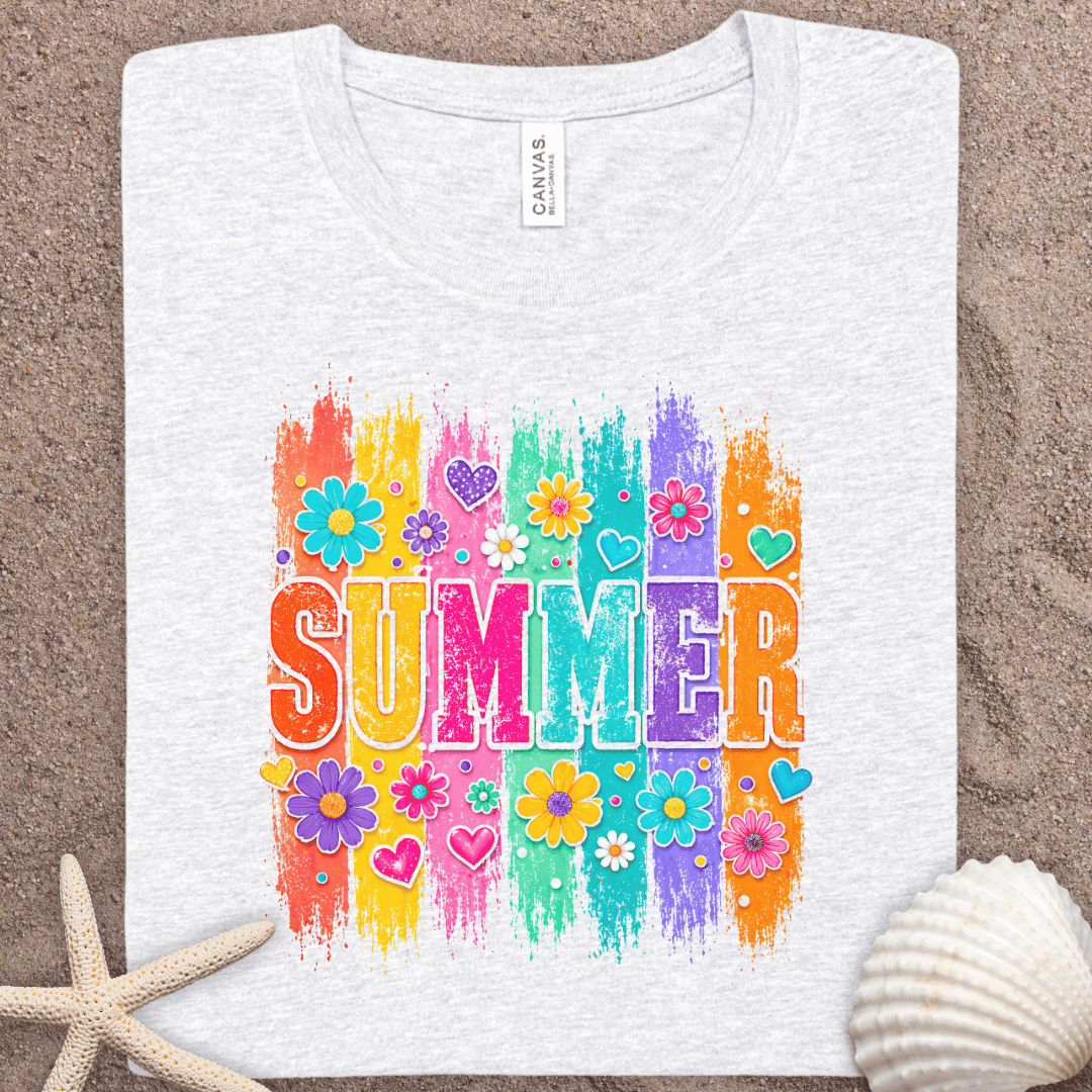 Summer Floral Graphic Tee — Colorful 'SUMMER' Retro Flower Design