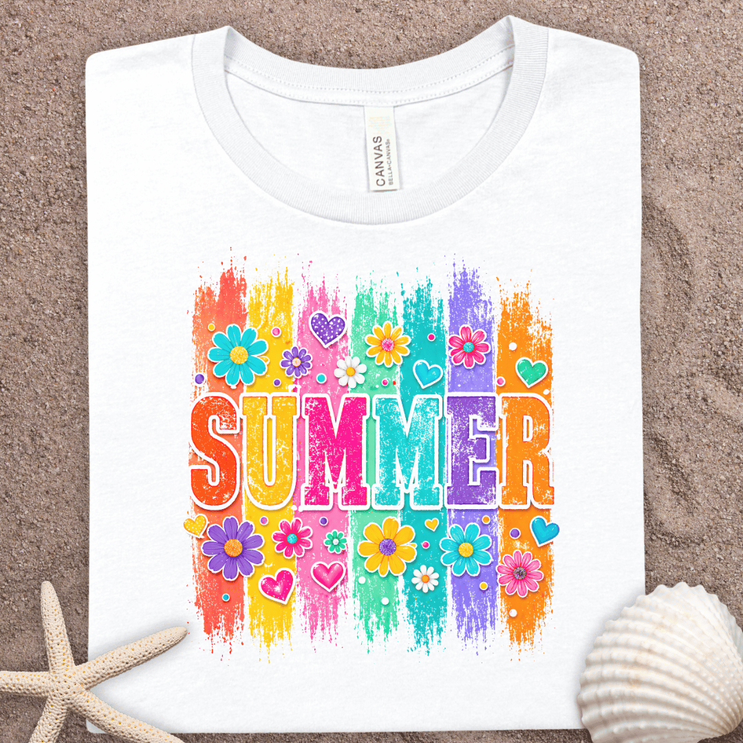 Summer Floral Graphic Tee — Colorful 'SUMMER' Retro Flower Design