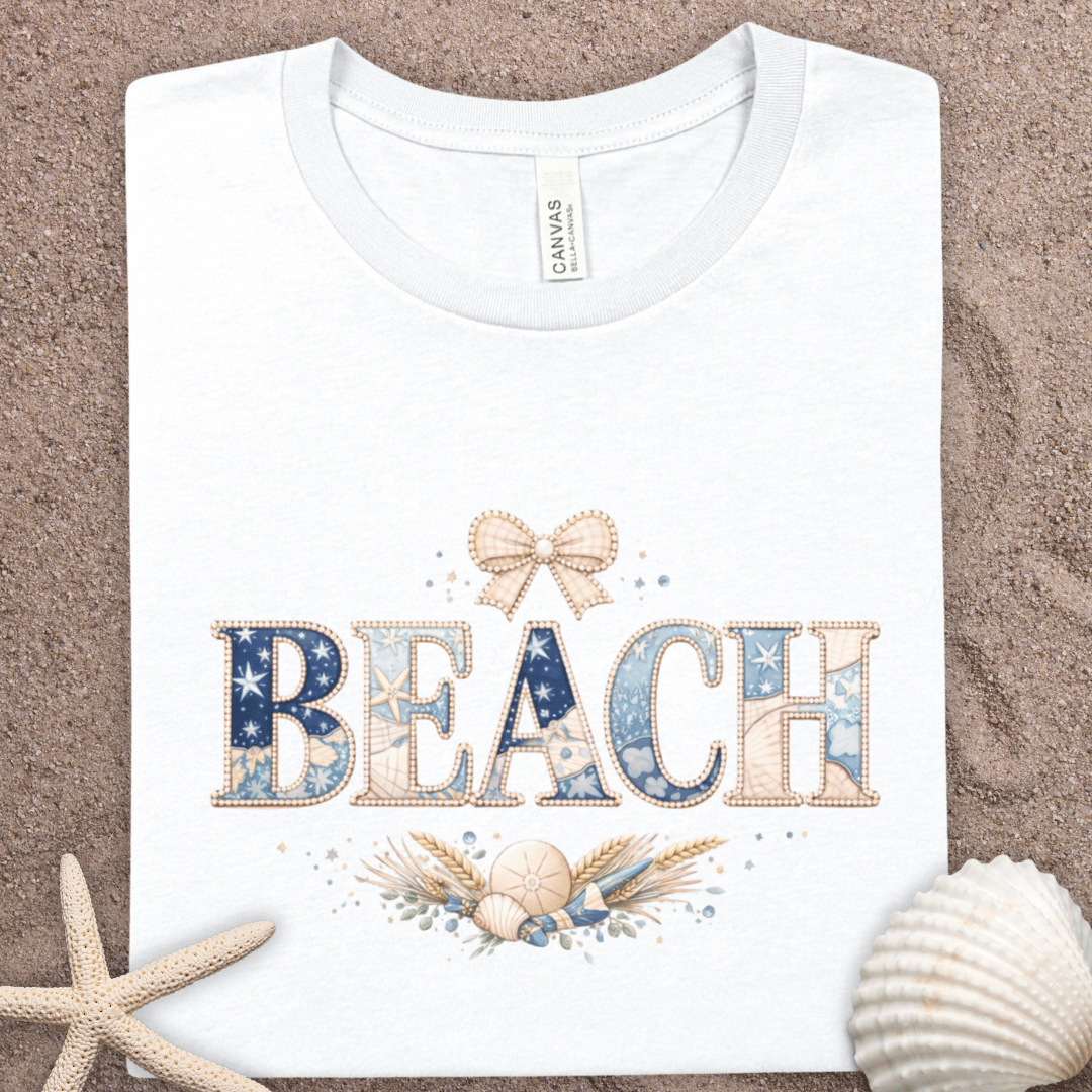 Beach Floral Tee — 'BEACH' Pastel Seashell Graphic T-Shirt