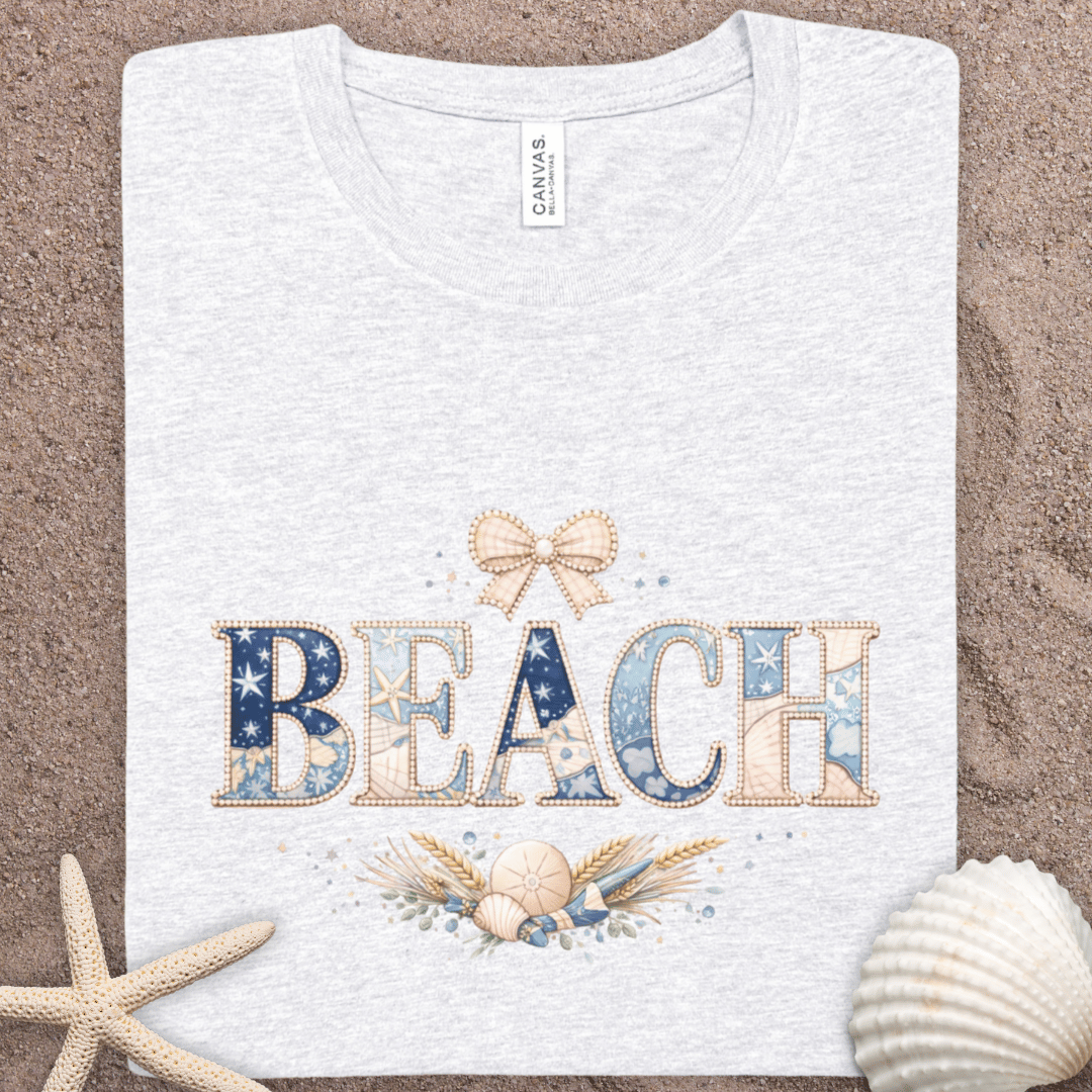 Beach Floral Tee — 'BEACH' Pastel Seashell Graphic T-Shirt
