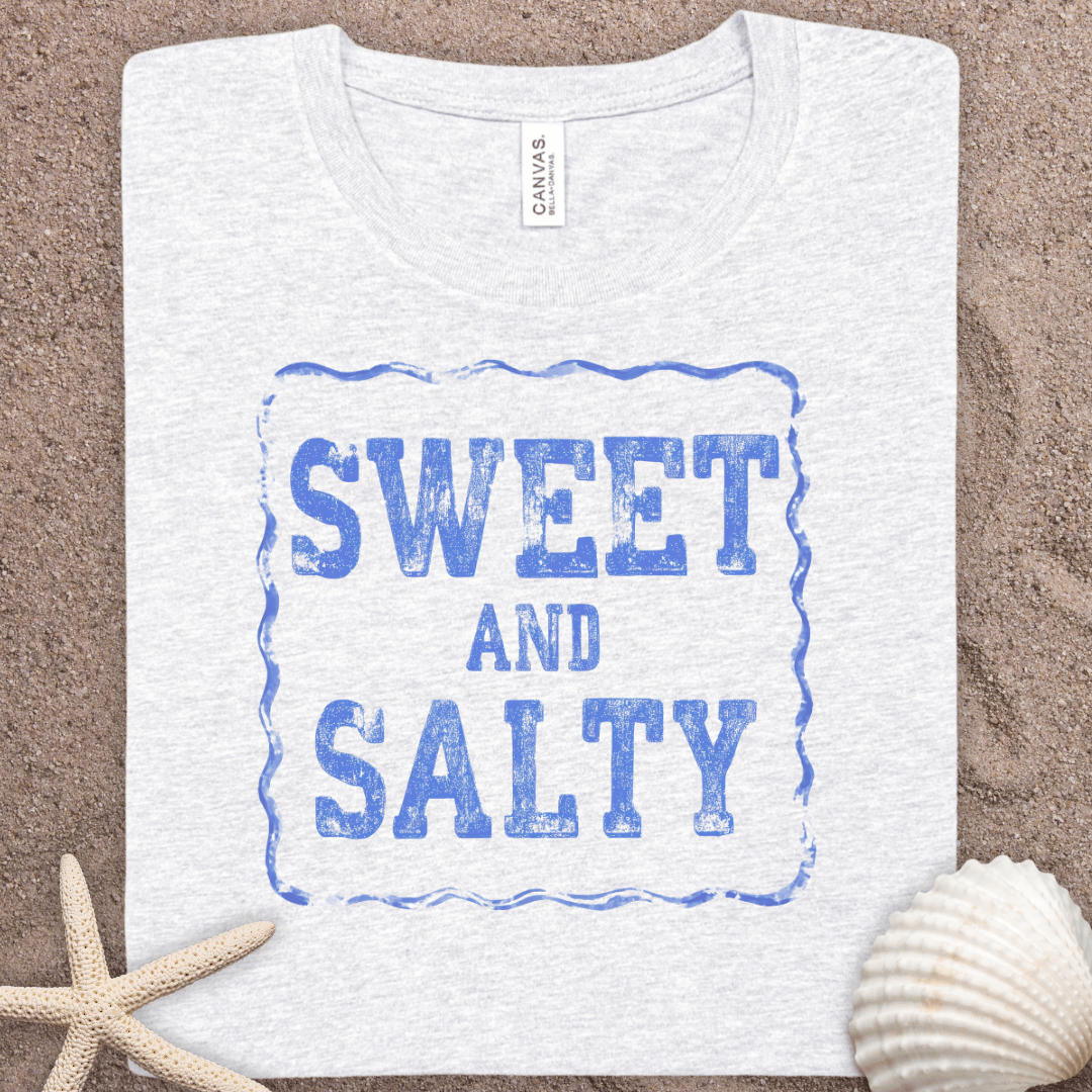 Sweet and Salty Summer Graphic Tee — Vintage Blue Text Cotton T-Shirt