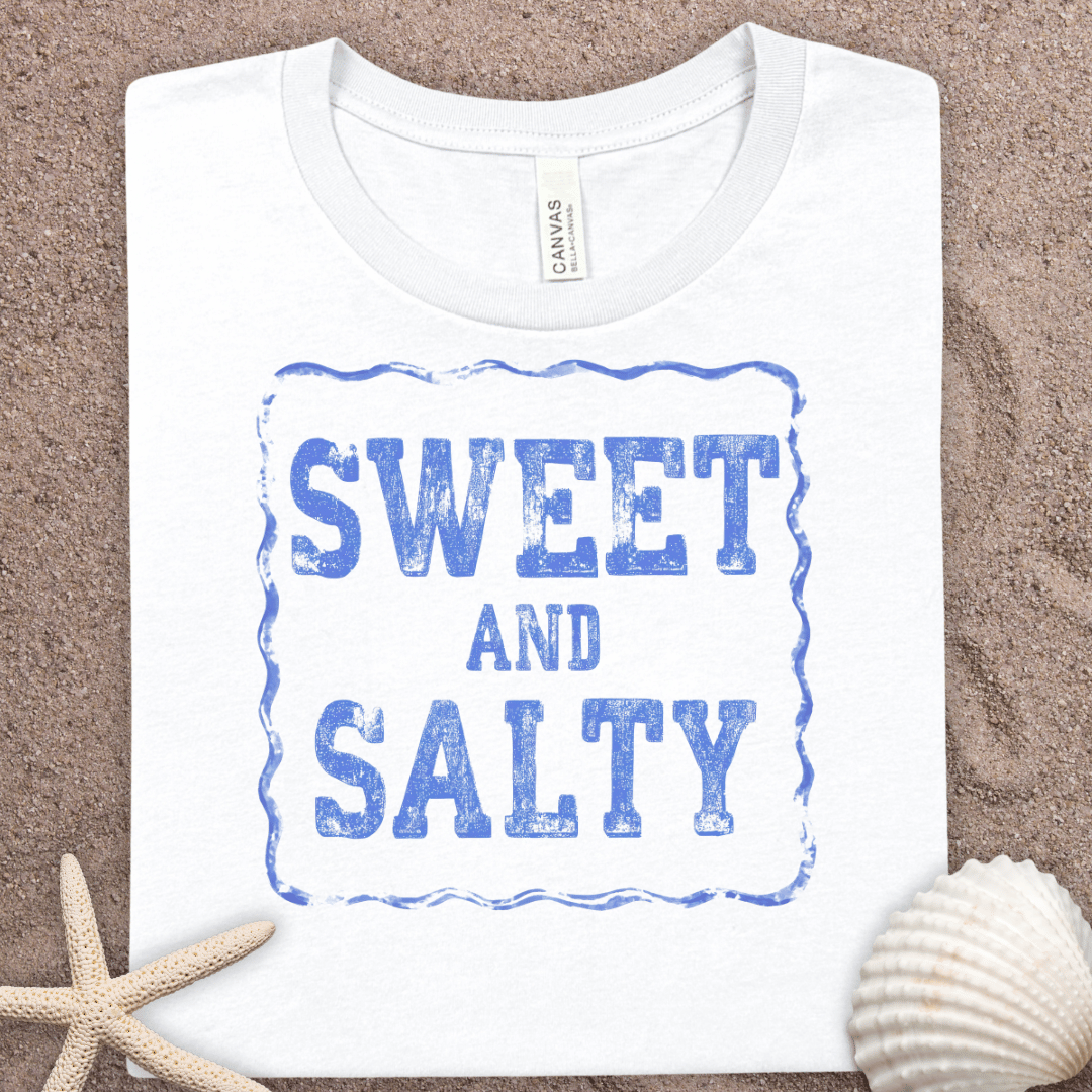 Sweet and Salty Summer Graphic Tee — Vintage Blue Text Cotton T-Shirt