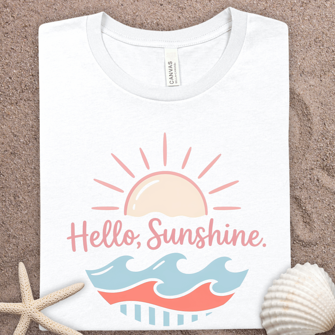 Hello Sunshine Tee — Retro Sun & Waves Summer Graphic T-Shirt