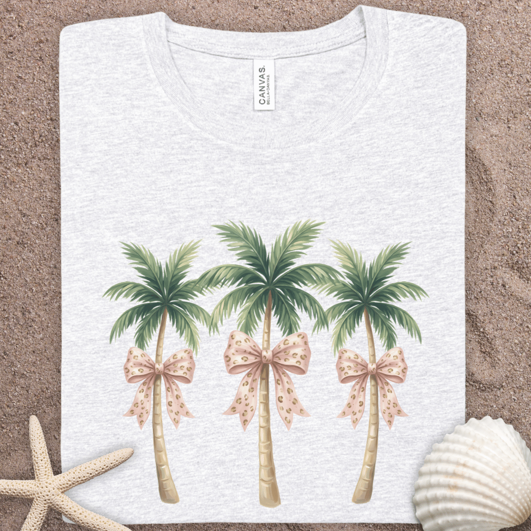 Summer Palm Tree Trio T‑Shirt — Tropical Palm Trees with Pink Bows Graphic Tee