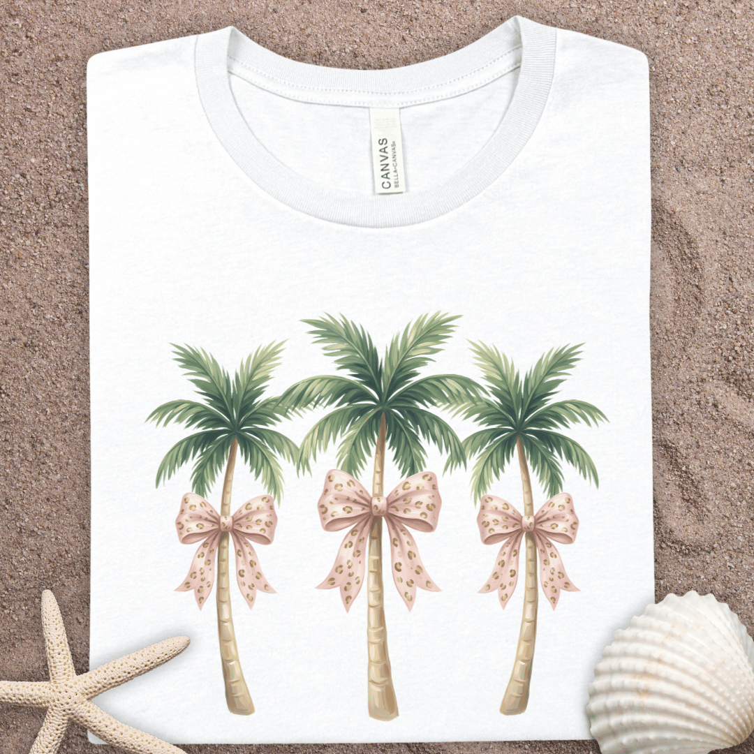 Summer Palm Tree Trio T‑Shirt — Tropical Palm Trees with Pink Bows Graphic Tee