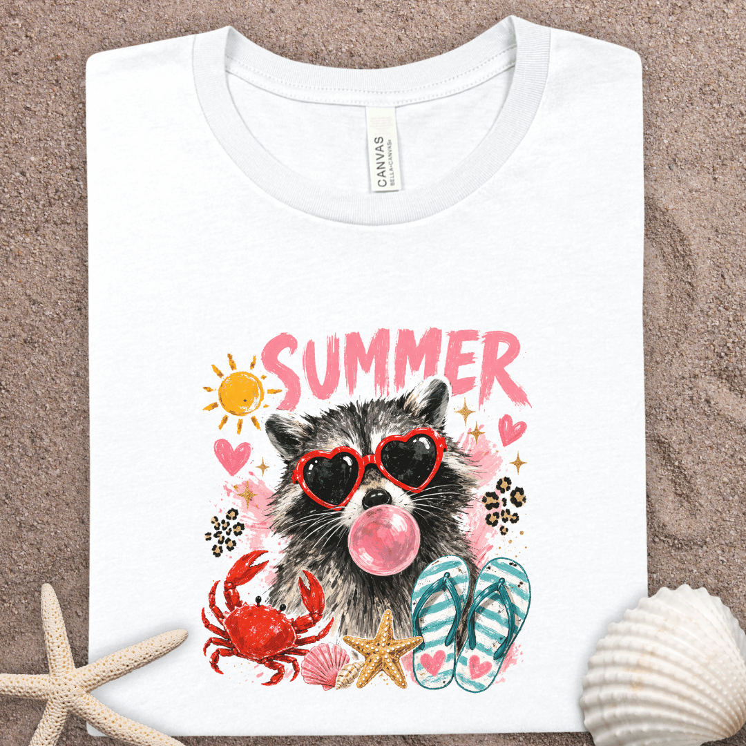 Summer Raccoon Graphic Tee - Cute Heart Sunglasses, Flip Flops & Shells