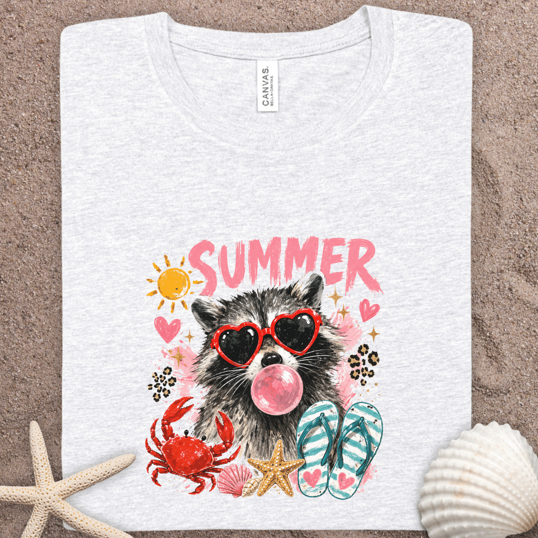 Summer Raccoon Graphic Tee - Cute Heart Sunglasses, Flip Flops & Shells