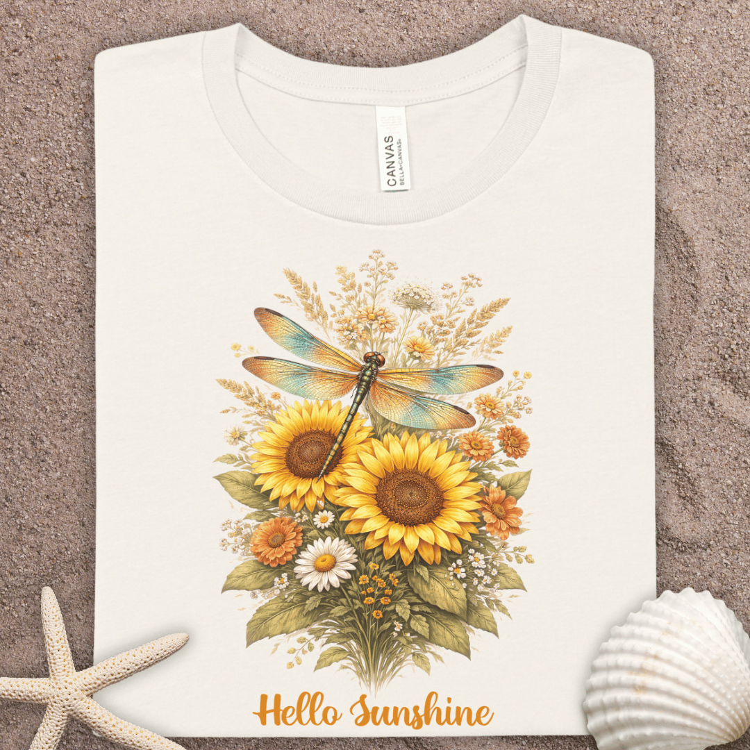 Hello Sunshine Sunflower Dragonfly Tee — Floral Summer T-Shirt