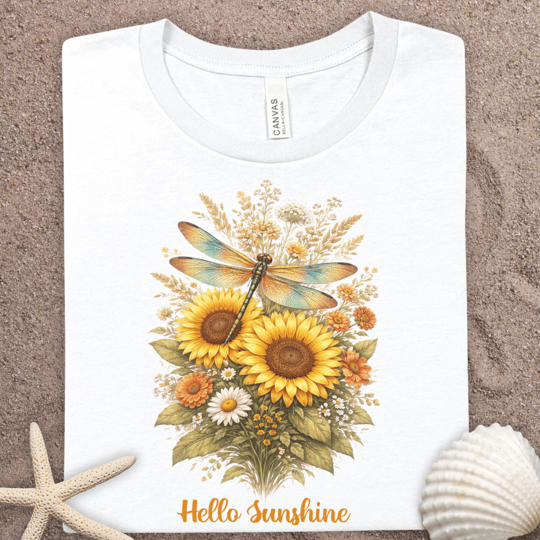 Hello Sunshine Sunflower Dragonfly Tee — Floral Summer T-Shirt