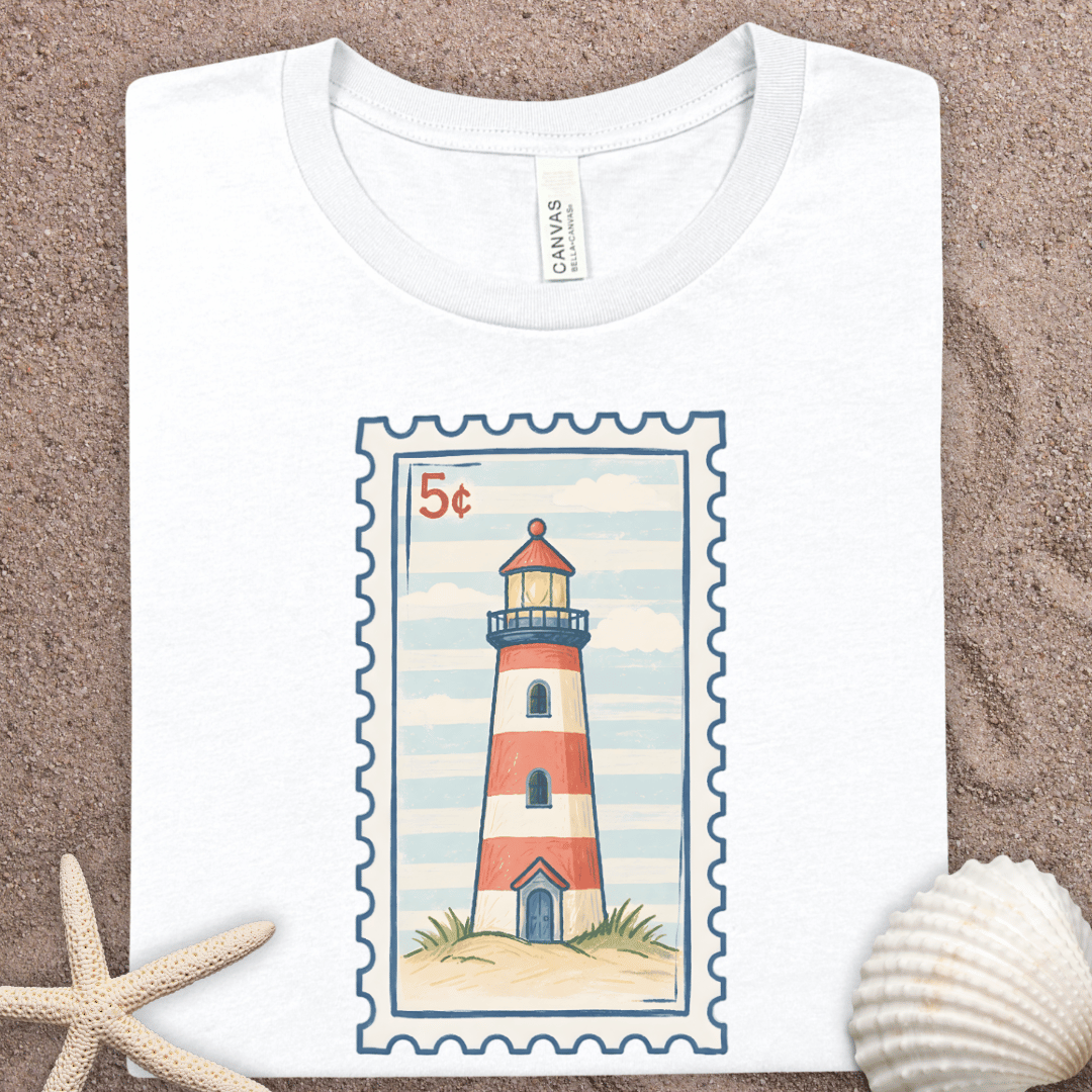 Lighthouse Summer Stamp T-Shirt — Vintage Coastal Nautical Tee