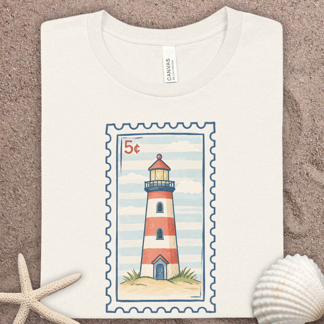 Lighthouse Summer Stamp T-Shirt — Vintage Coastal Nautical Tee