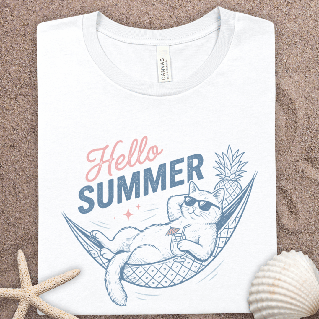 Hello Summer Cat Tee — Relaxed Hammock Cat Graphic T-Shirt