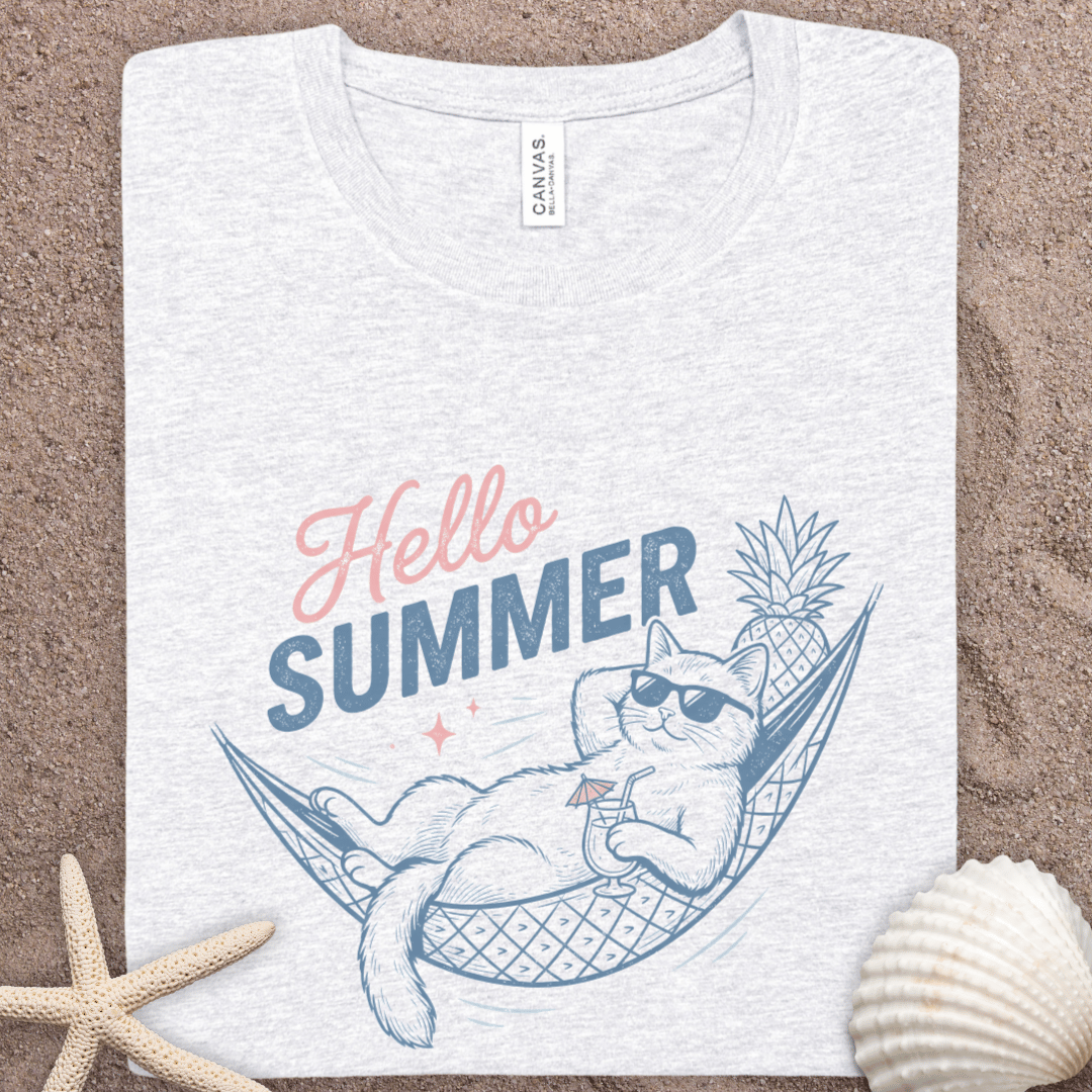 Hello Summer Cat Tee — Relaxed Hammock Cat Graphic T-Shirt