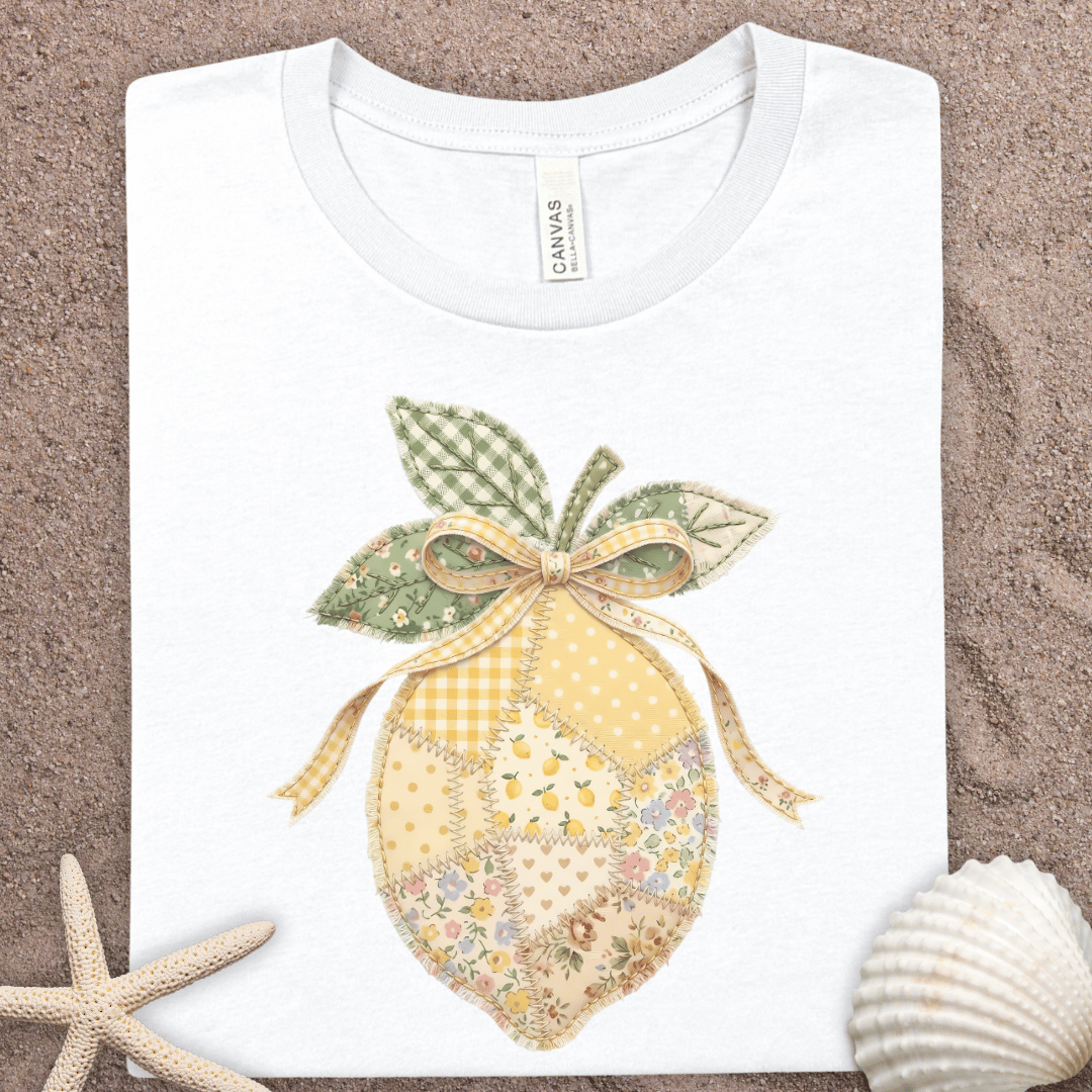 Faux Patchwork Lemon Tee – Vintage Floral Fruit Graphic T-Shirt