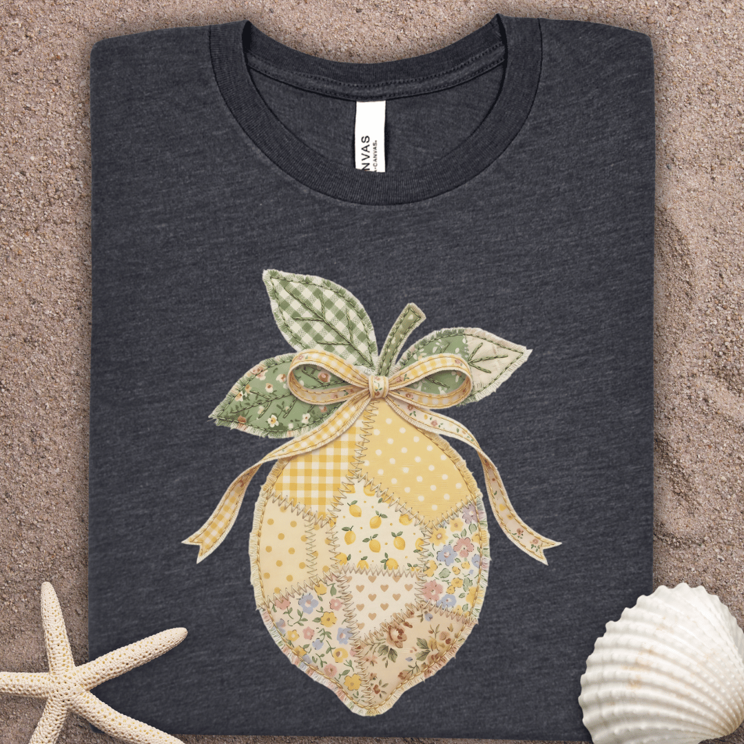 Faux Patchwork Lemon Tee – Vintage Floral Fruit Graphic T-Shirt