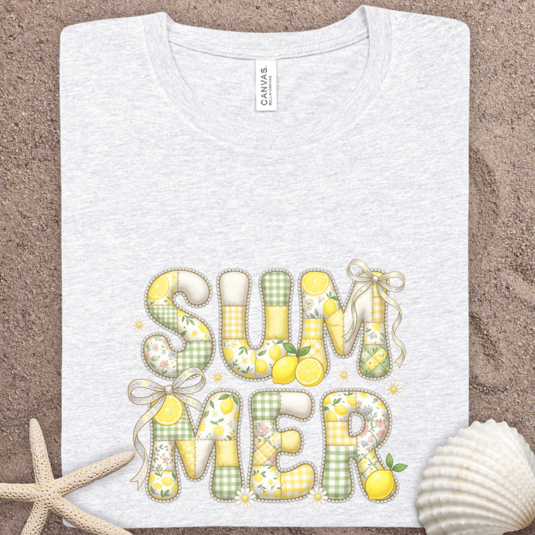 Summer Lemon Graphic Tee - 'SUMMER' Faux Patchwork Letters with Lemons & Gingham