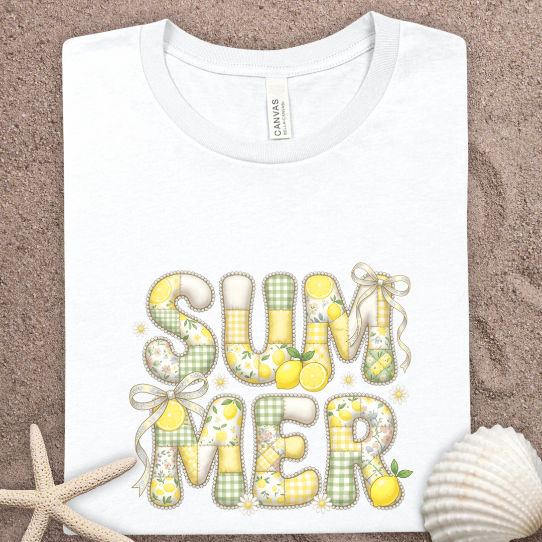 Summer Lemon Graphic Tee - 'SUMMER' Faux Patchwork Letters with Lemons & Gingham