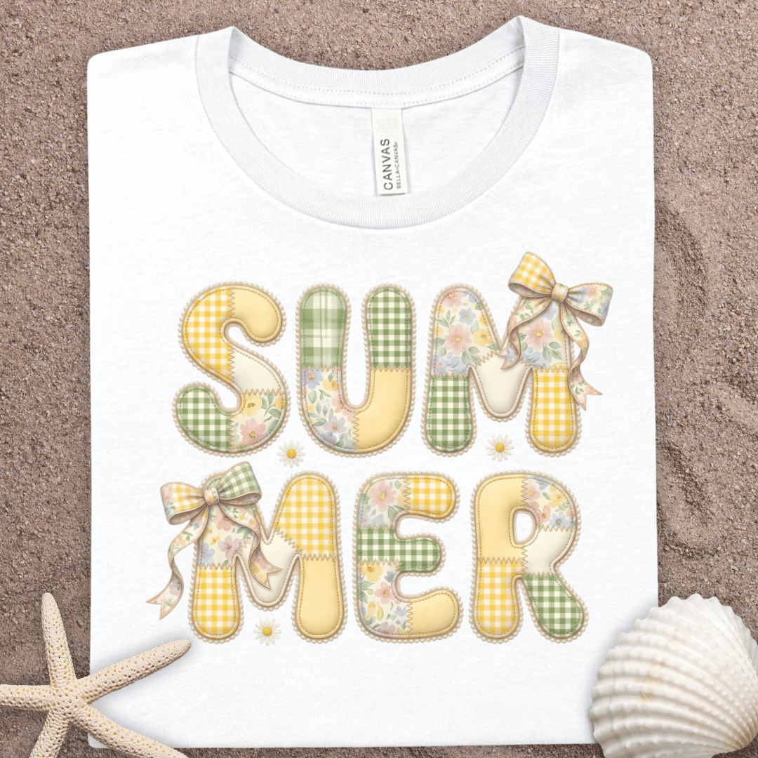 Summer Faux Patchwork Graphic Tee – Pastel Plaid 'SUMMER' Design