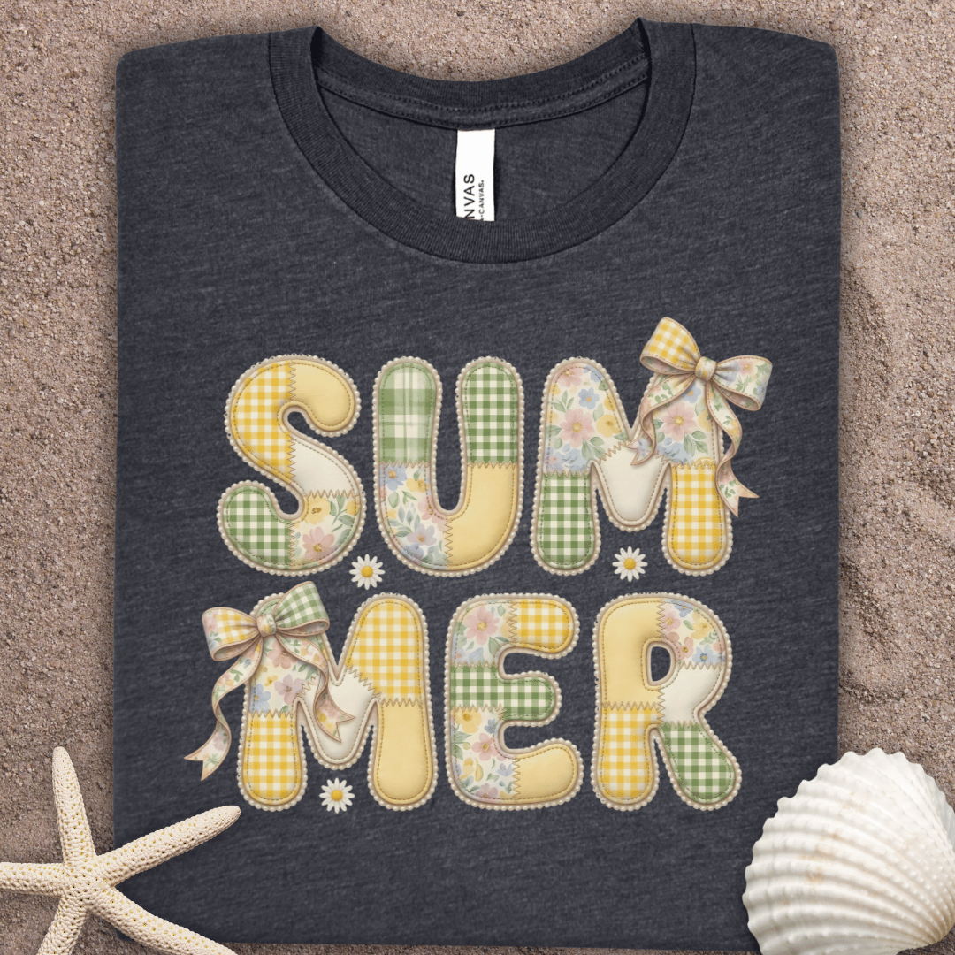 Summer Faux Patchwork Graphic Tee – Pastel Plaid 'SUMMER' Design